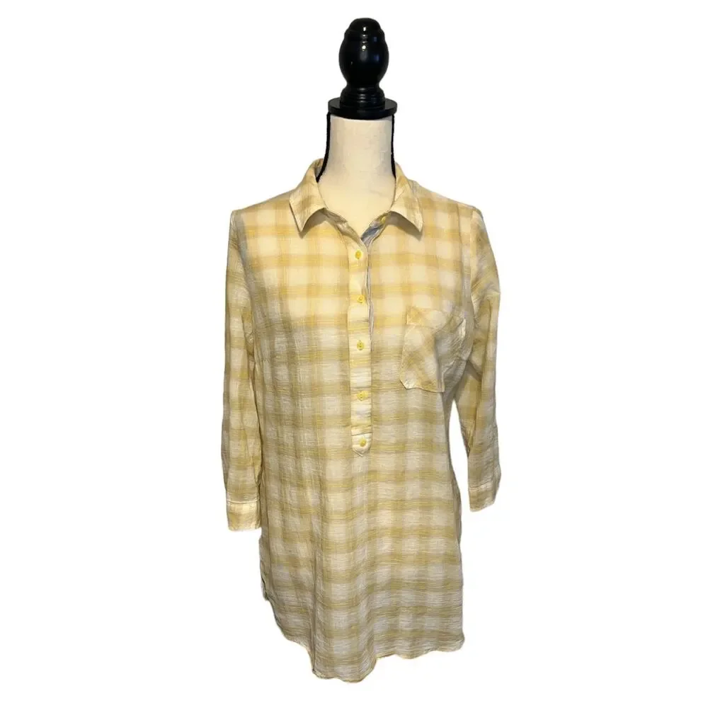 a.n.a A New Approach 1/2 Button Tunic Womens Size M Yellow Plaid w/ Patch Pocket - Picture 2 of 7